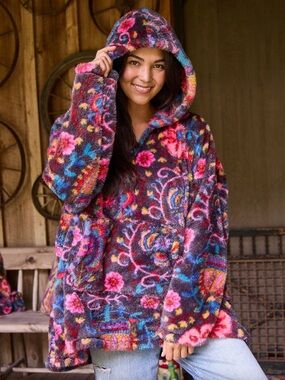 Natural Life Oversized Blanket Hoodie - Pink Retro Boho Floral - One Size